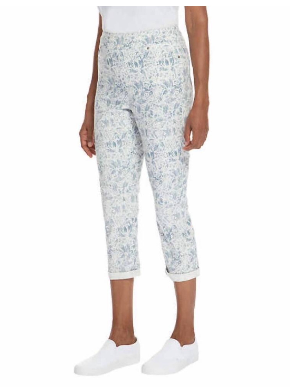 NWT Mario Serrani Italy Confort Stretch Cuff Capri - WHITE/BLUE FLORAL - size XS